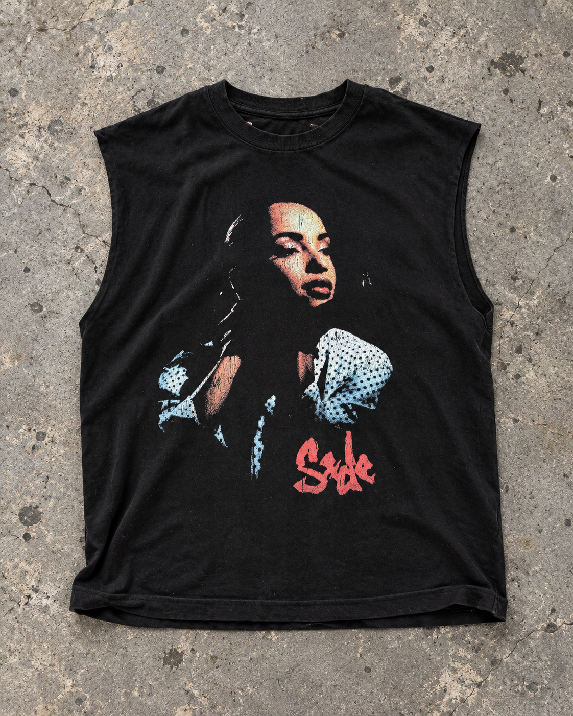 Vintage Sade Summer Tour '93 sleeveless tee, front, laid flat on concrete