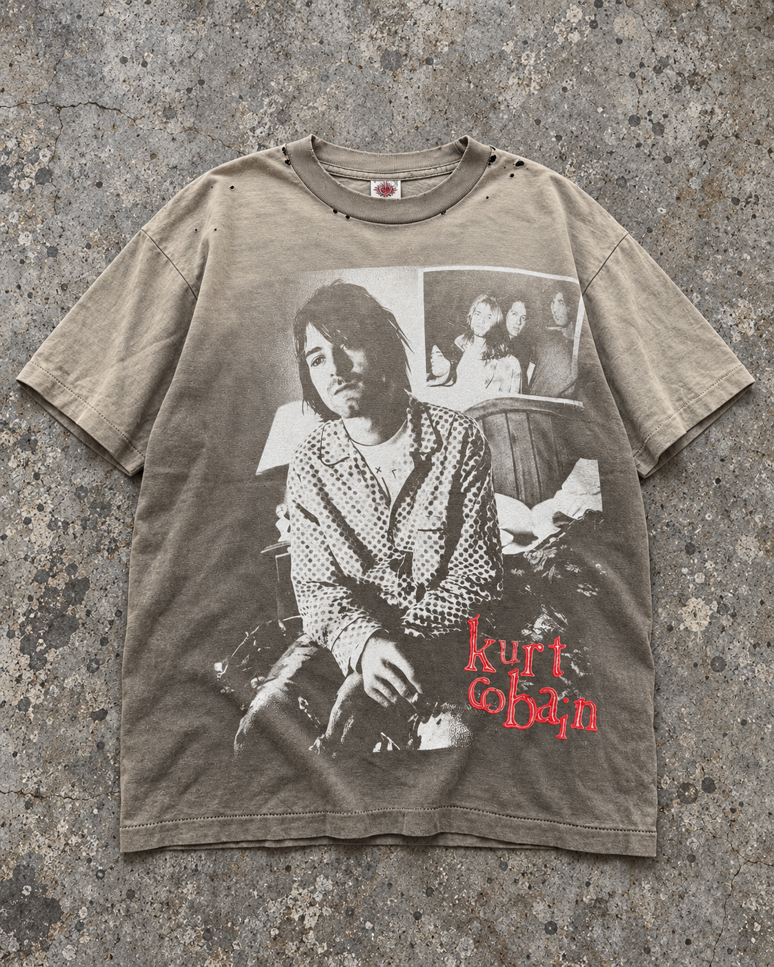 Vintage 1993 Kurt Cobain tee, front photo print, on concrete