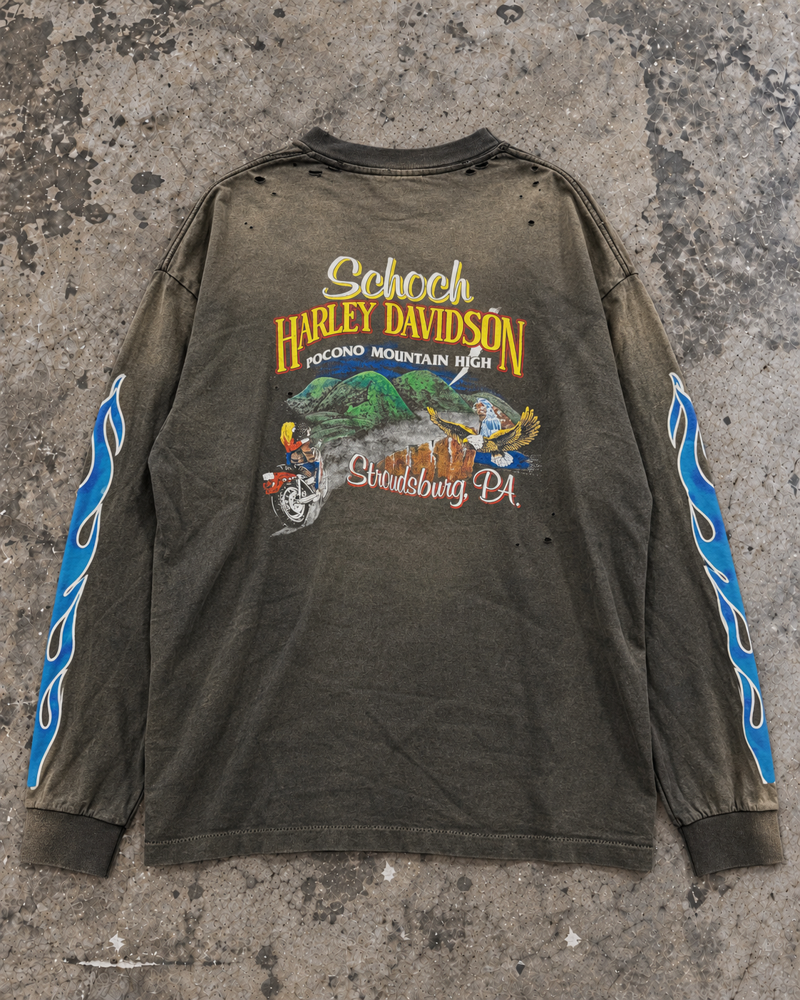 Vintage Harley-Davidson Schoch flame long sleeve, back dealer print, on concrete