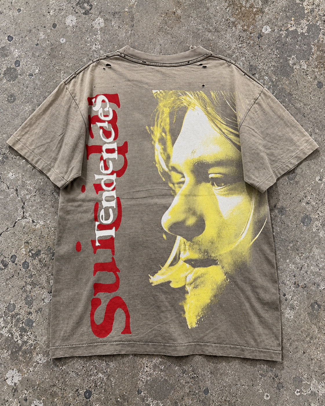 Vintage 1993 Kurt Cobain tee, back portrait print, on concrete