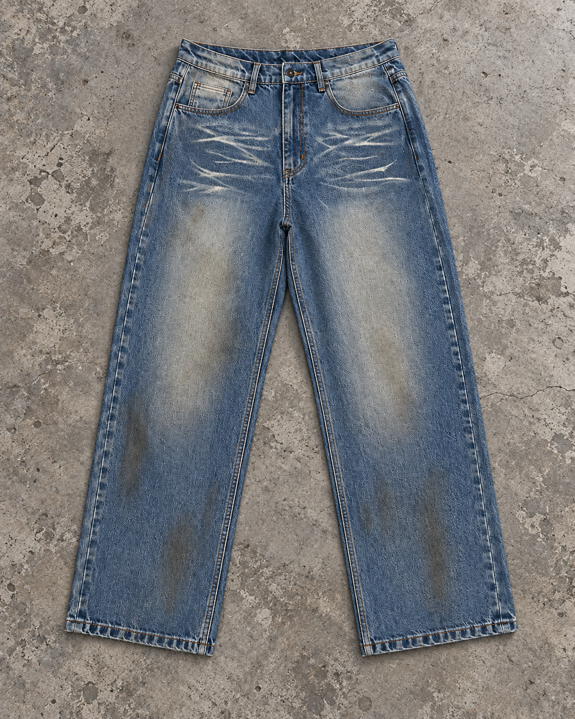 Dirty Vintage Baggy Denim, front, laid flat on concrete