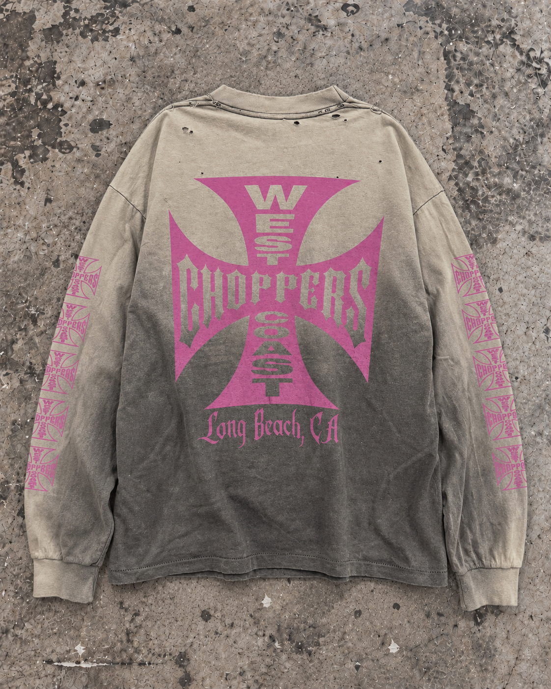 Vintage West Coast Choppers long sleeve, back Long Beach CA cross print, on concrete